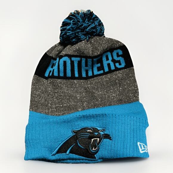 Carolina Panthers New Era Pom Beanie Hat Blue Black Knit Cuffed Winter Cap NFL - Picture 1 of 6
